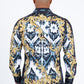 black satin ikat print rhinestone shirt men back
