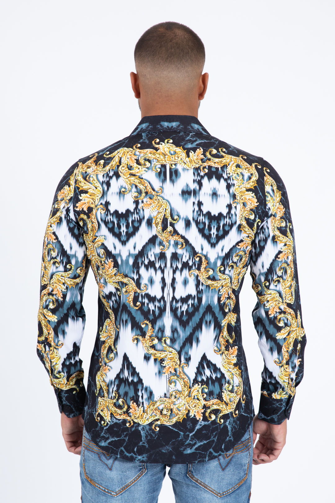 black satin ikat print rhinestone shirt men back