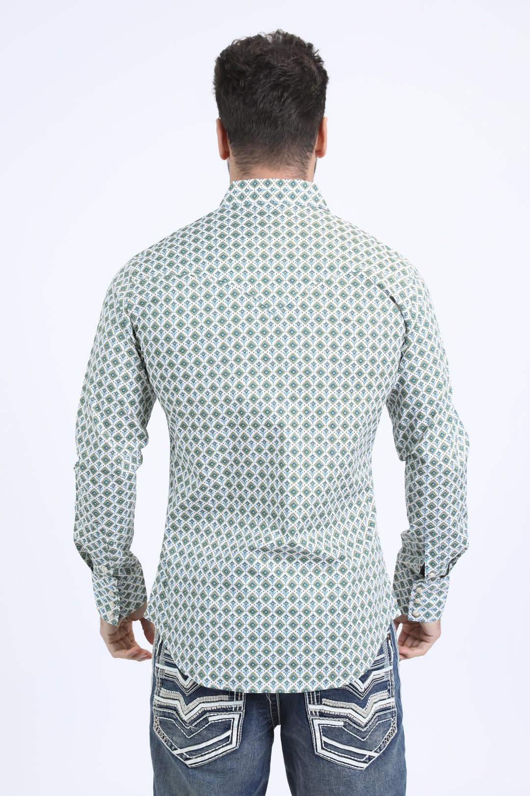 Mens Western Modern Fit Cotton/Spandex Long Sleeve White Shirt with Snaps