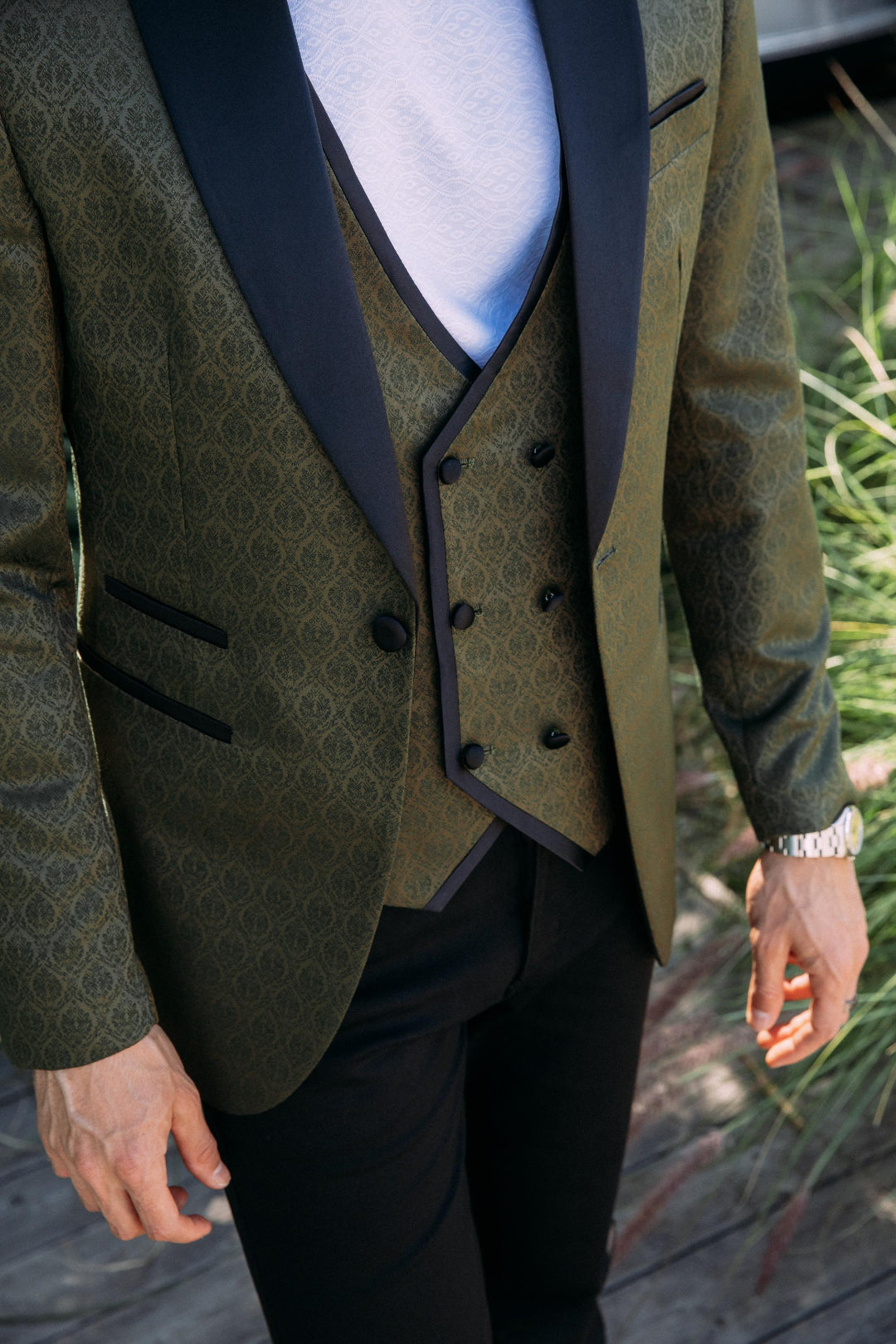 olive jacquard blazer vest set men platini detail