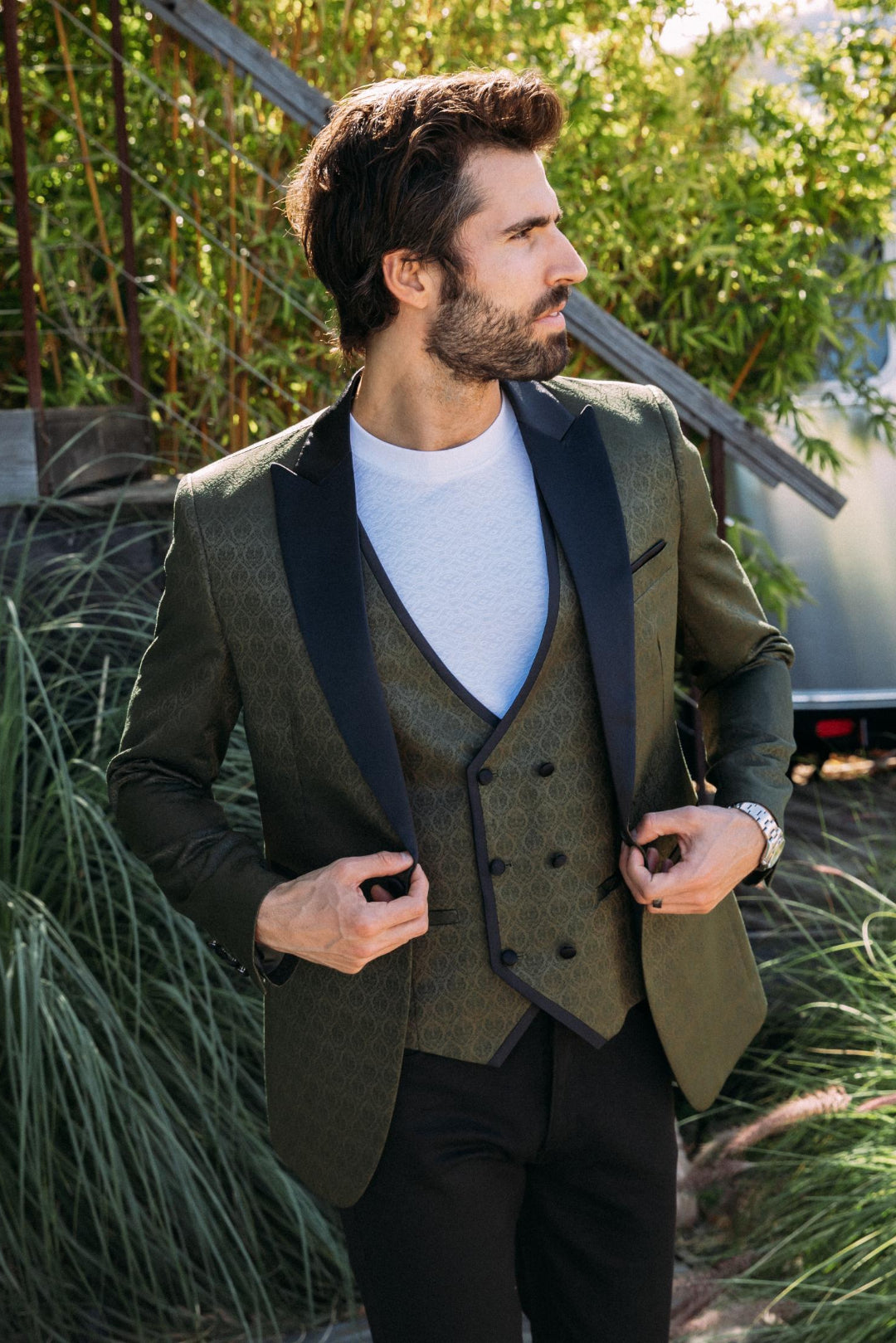 olive jacquard blazer vest set men platini front