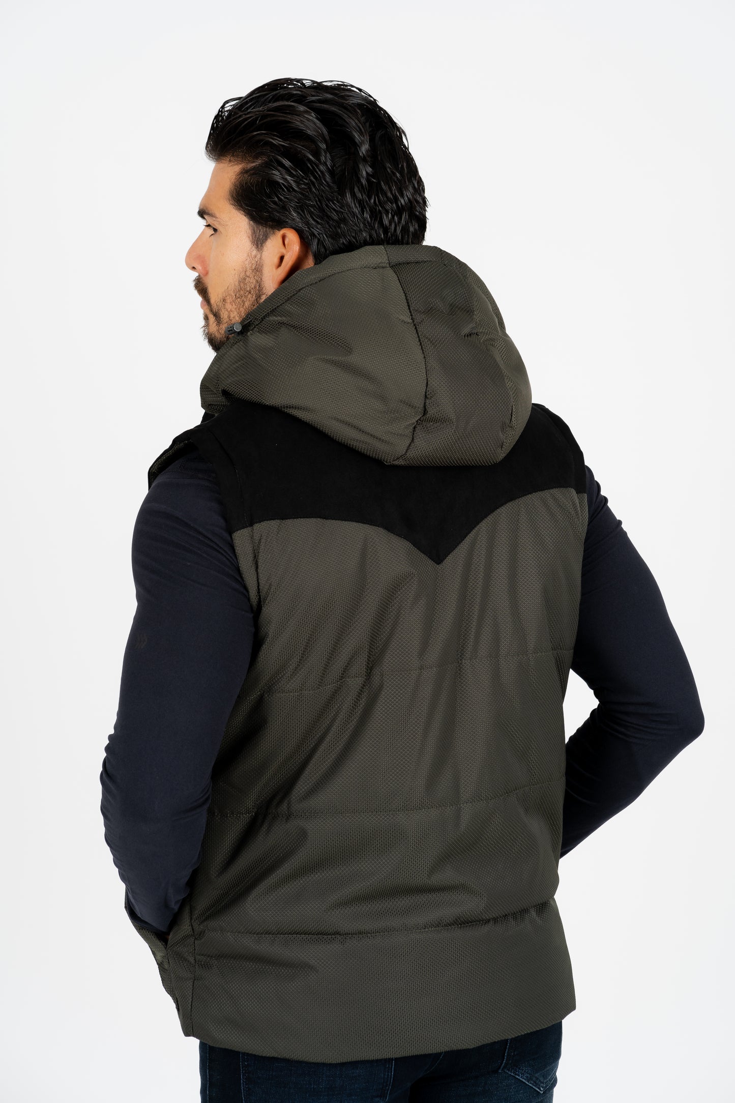 men padded hooded vest platini back