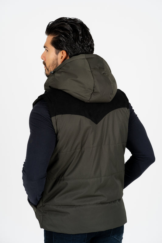 men padded hooded vest platini back