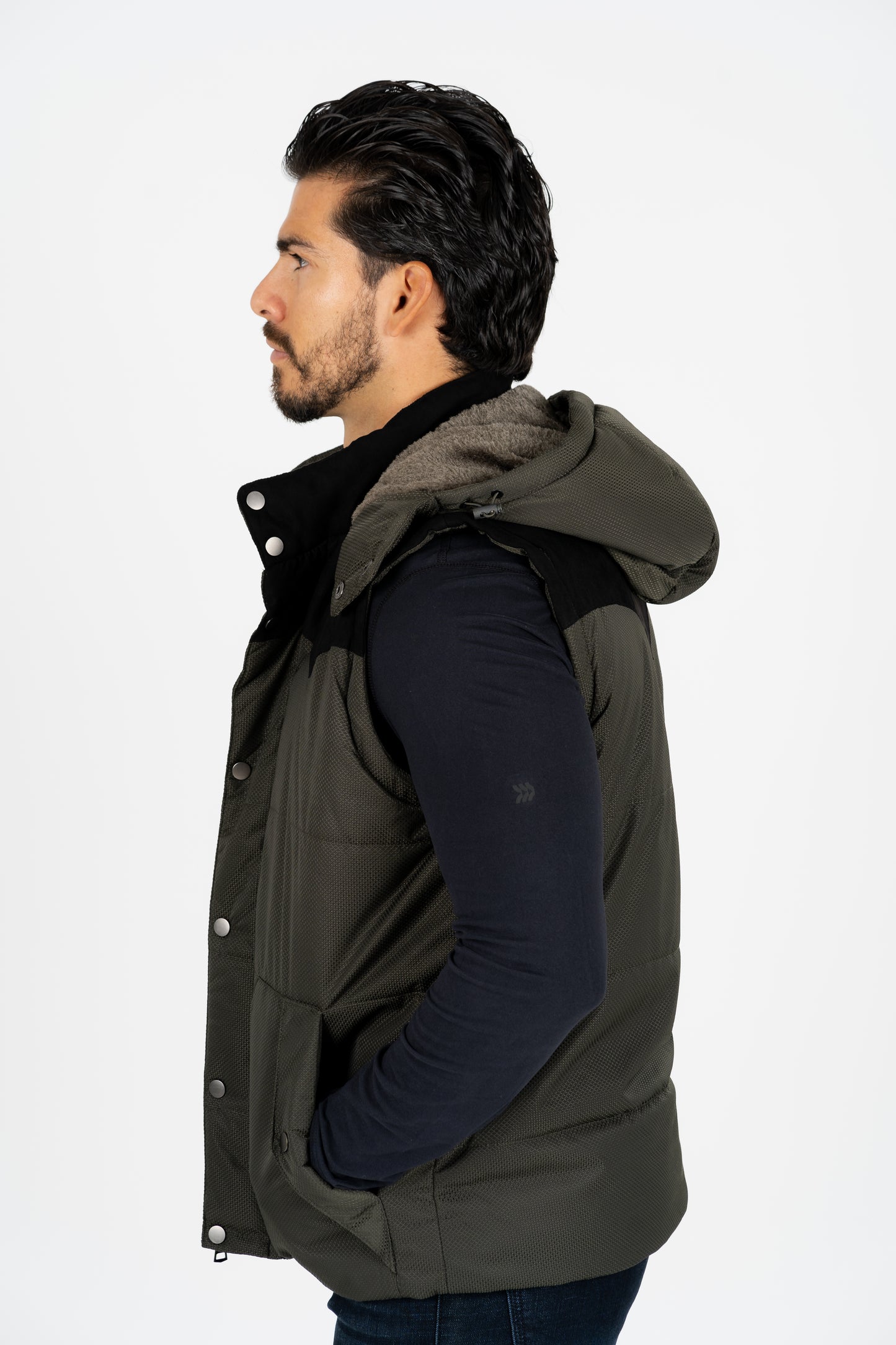 men padded hooded vest platini side
