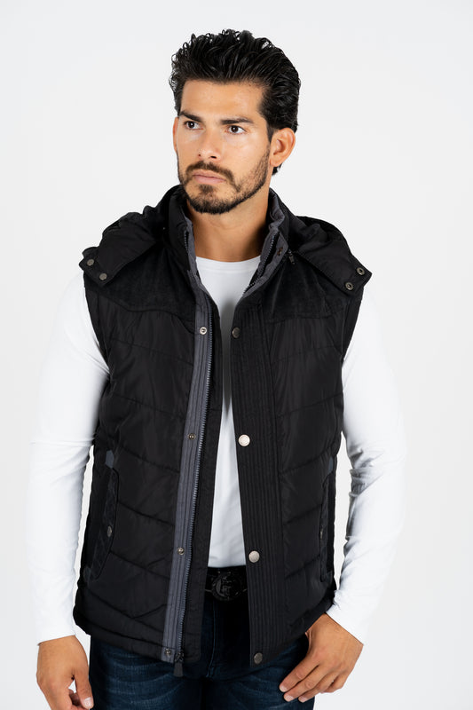 men black padded hooded vest platini front