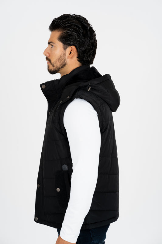men black padded hooded vest platini side