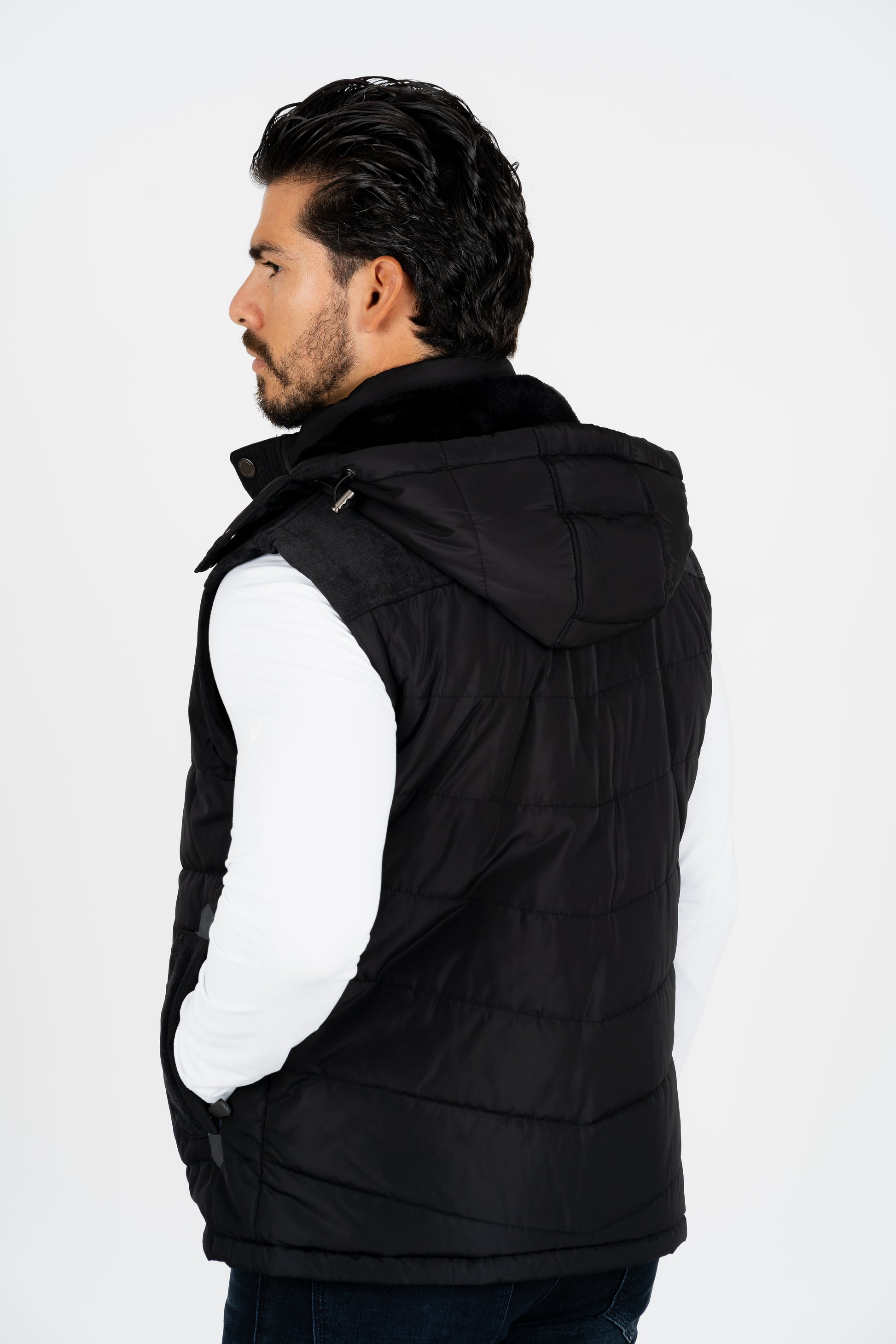 men black padded hooded vest platini back