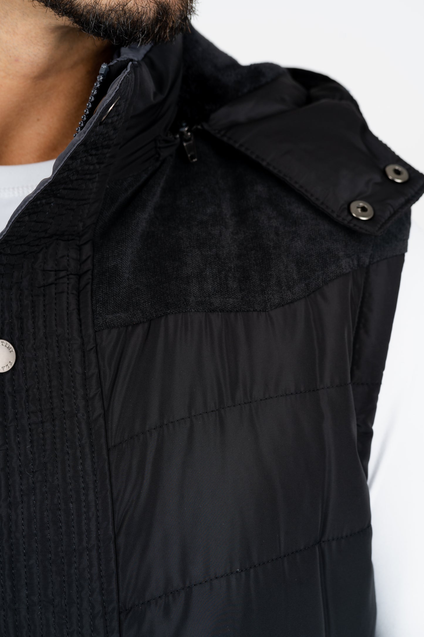 men black padded hooded vest platini detail