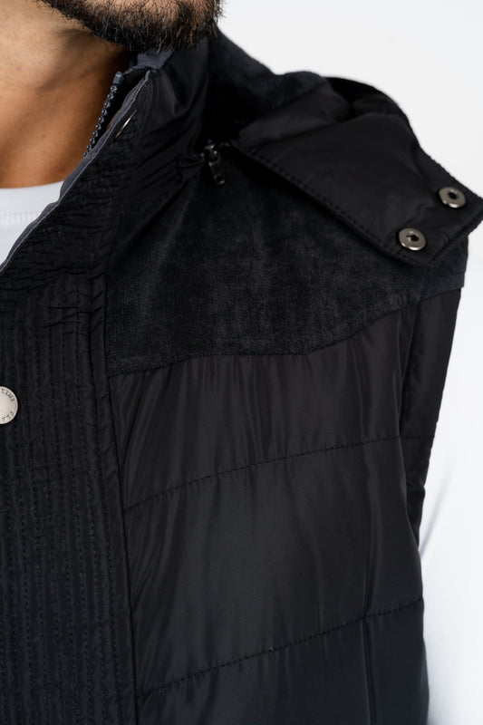men black padded hooded vest platini detail
