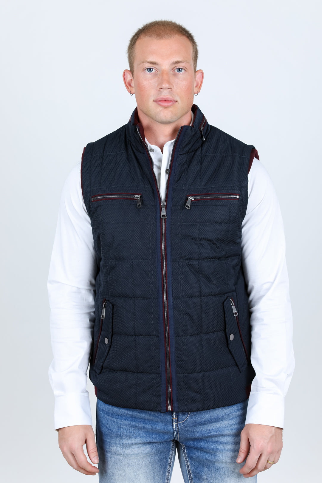 navy quilted fur lined vest detail platini