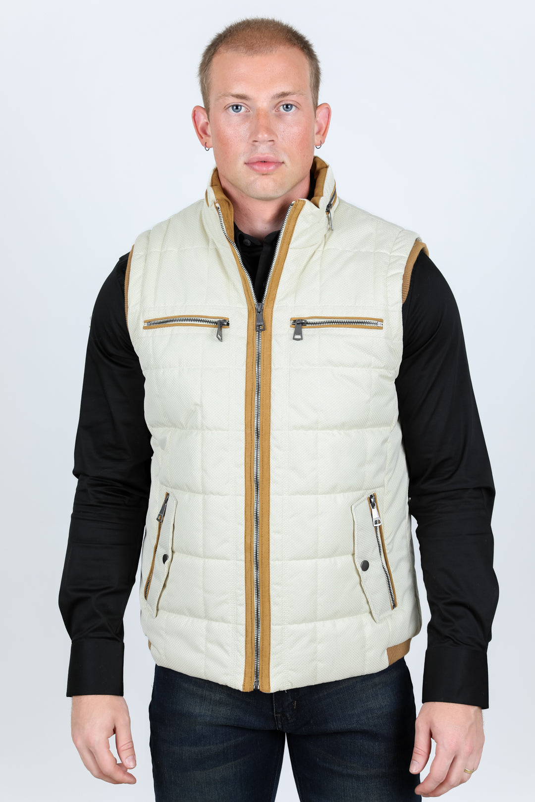 beige quilted fur lined vest front platini