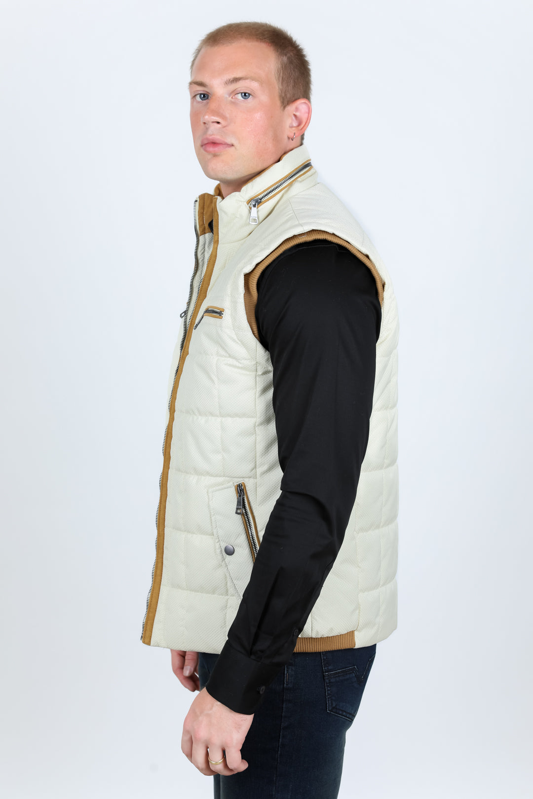 beige quilted fur lined vest detail platini