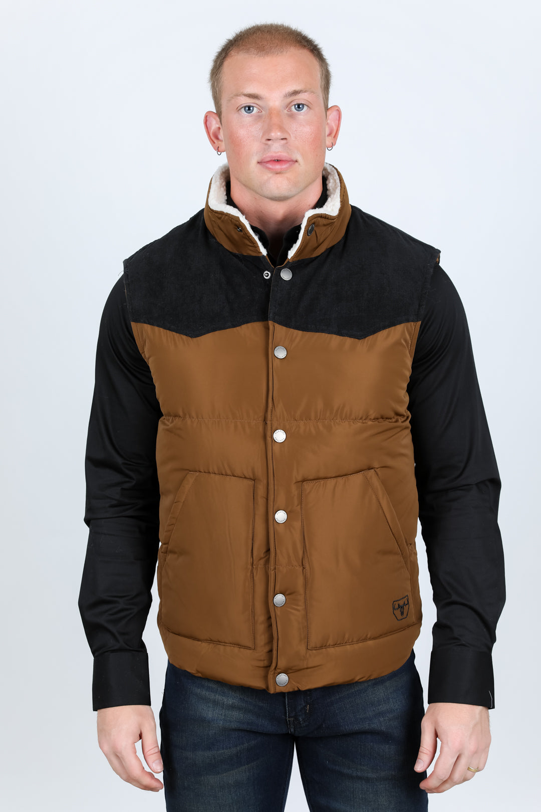 camel quilted puffer vest front platini