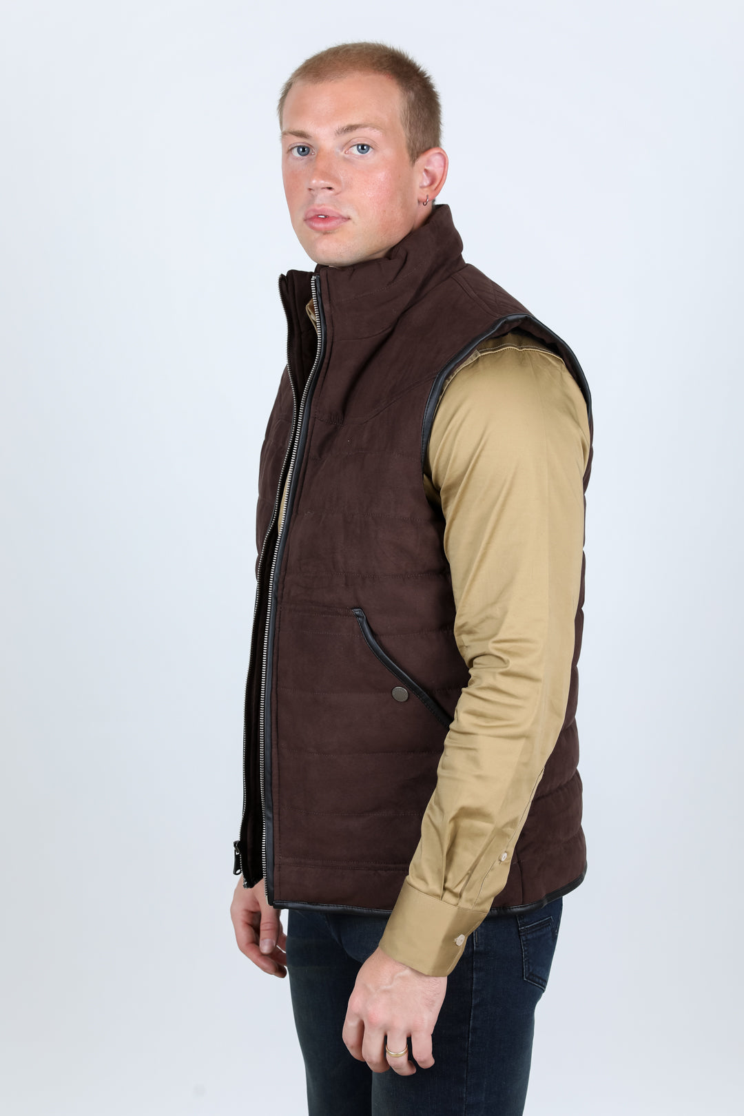 dark brown quilted suede vest model platini