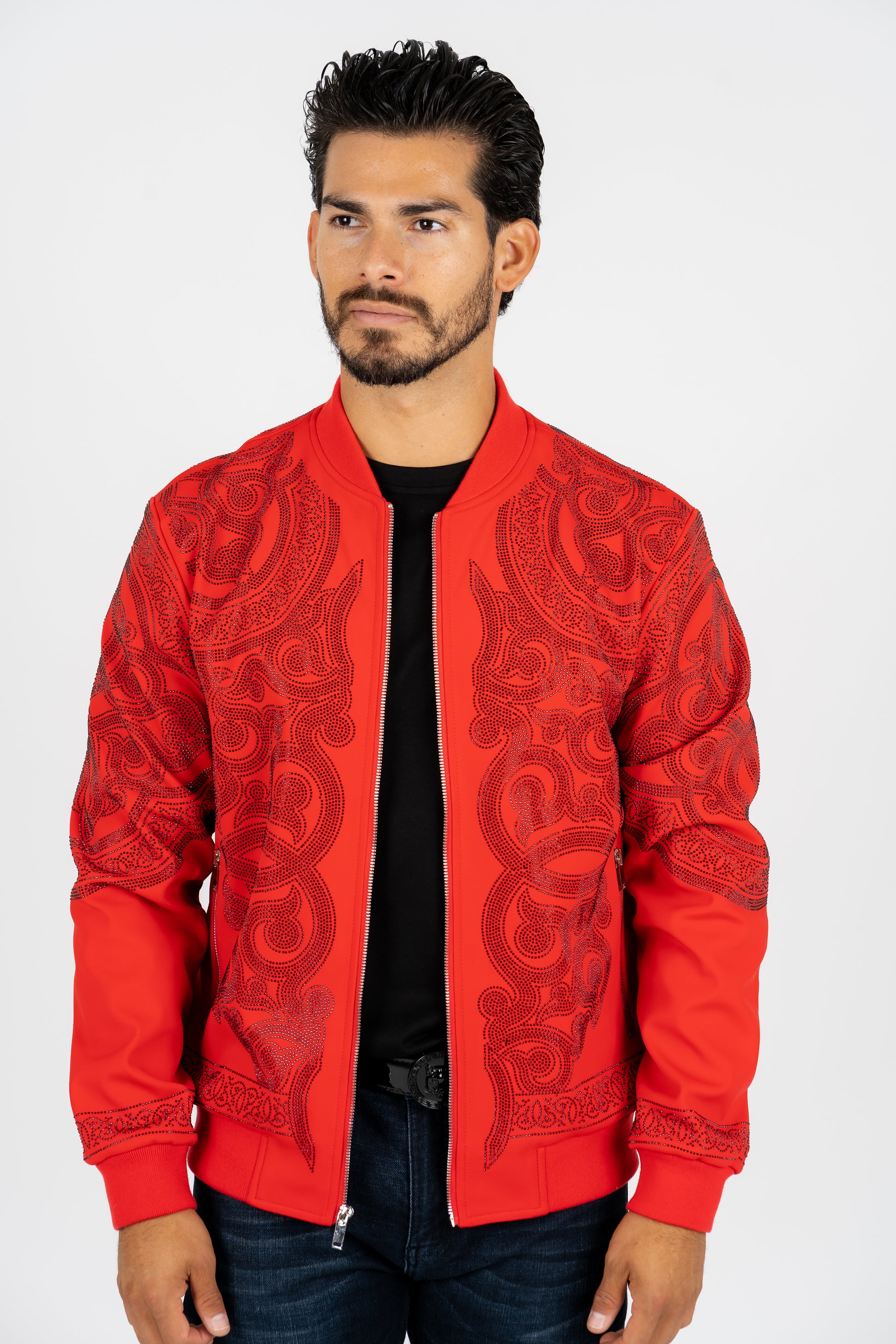 red rhinestone bomber jacket platini front