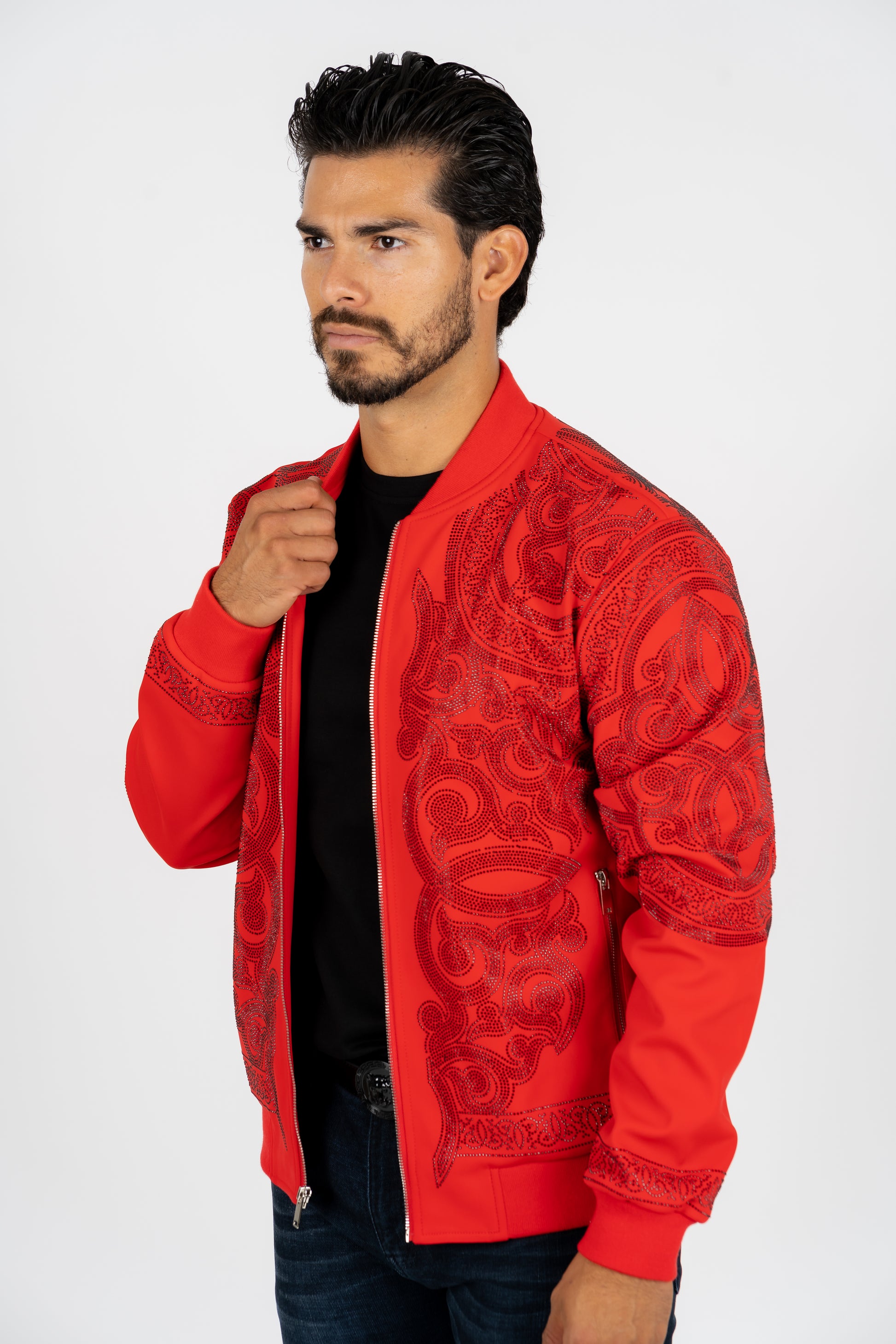 red rhinestone bomber jacket platini side