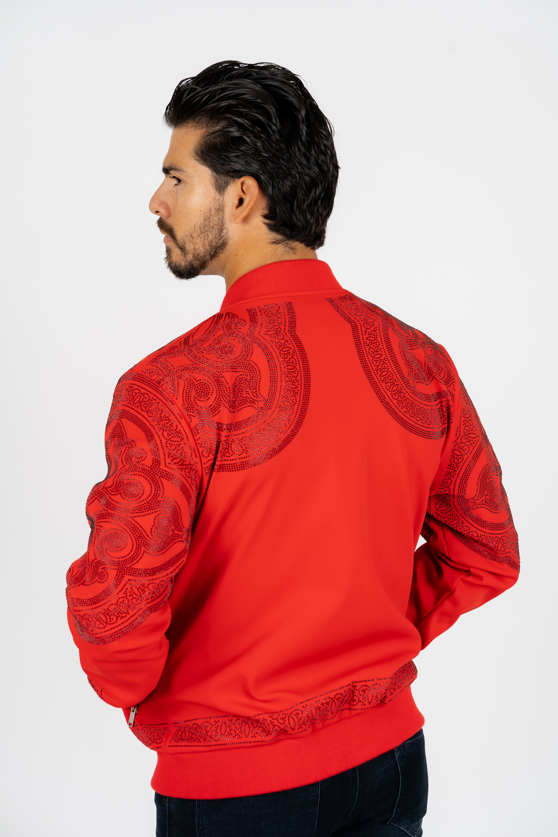 red rhinestone bomber jacket platini back
