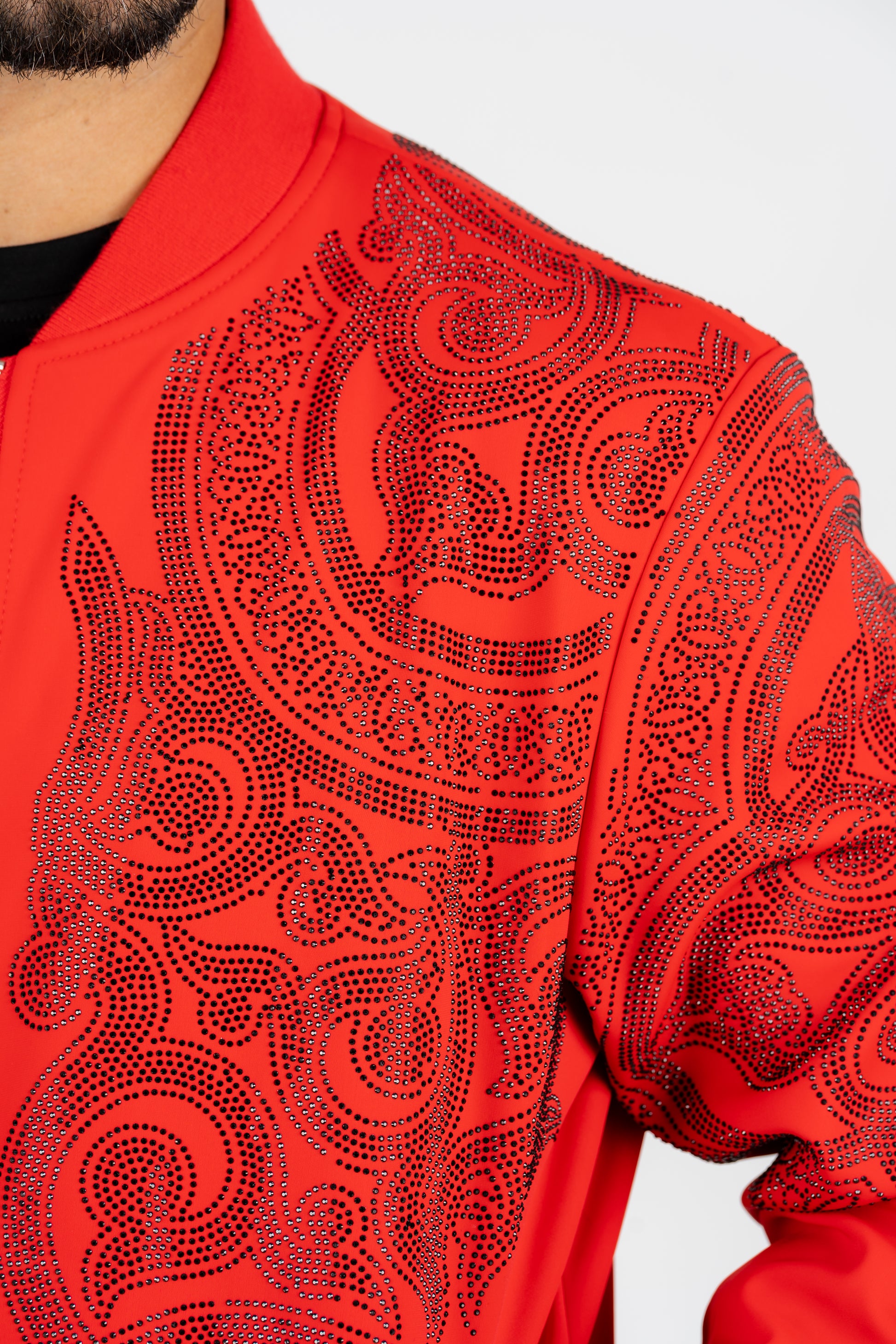 red rhinestone bomber jacket platini detail