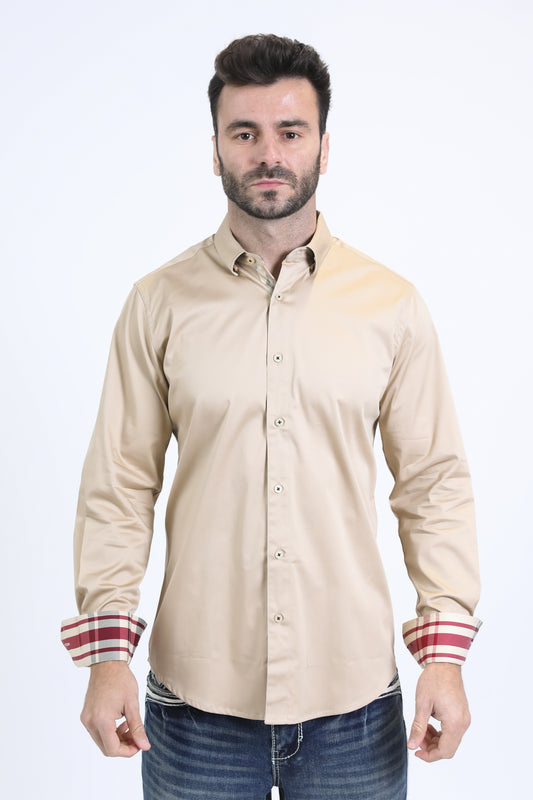 Satin Cotton/Spandex Long Sleeve Beige Shirt