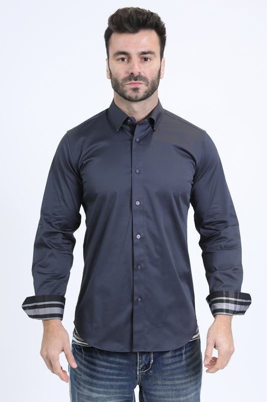 Satin Cotton/Spandex Long Sleeve Black/Grey Shirt