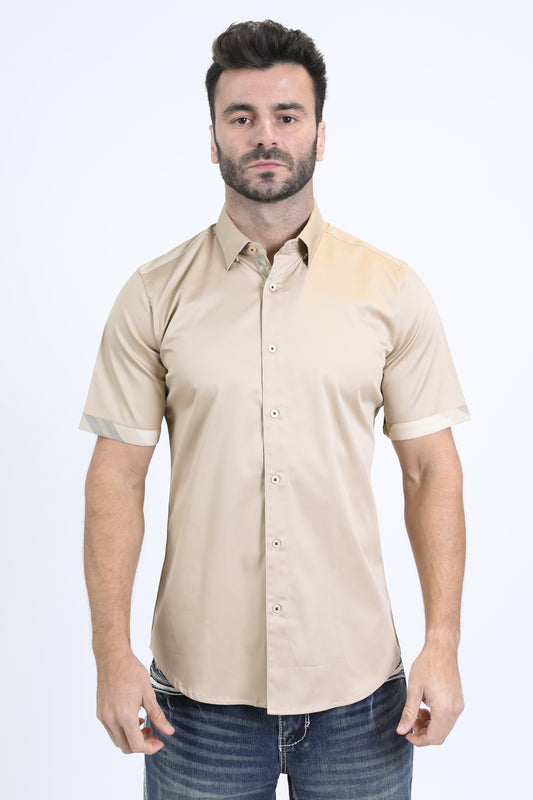 Satin Cotton/Spandex Short Sleeve Beige Shirt