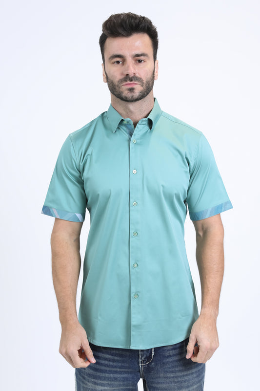 Satin Cotton/Spandex Short Sleeve Teal Shirt