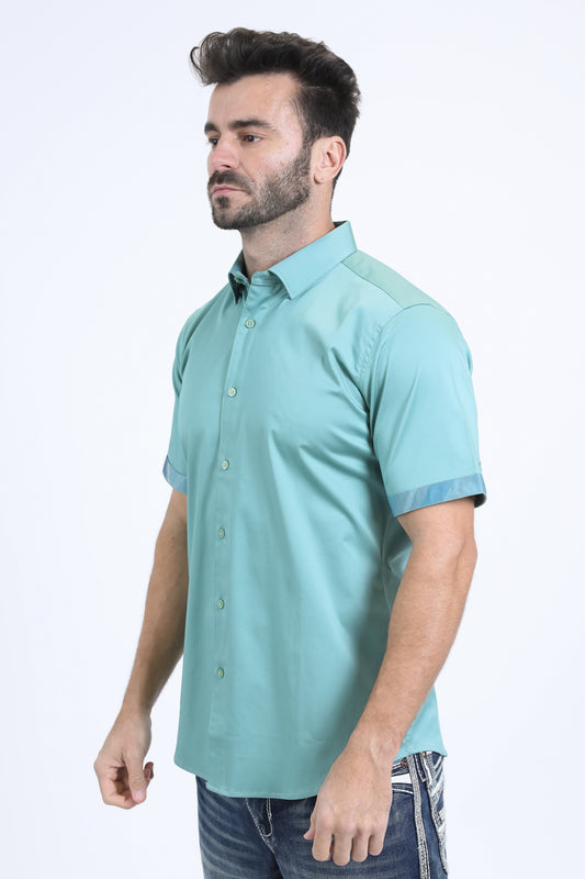 teal satin contrast trim shirt men platini close-up