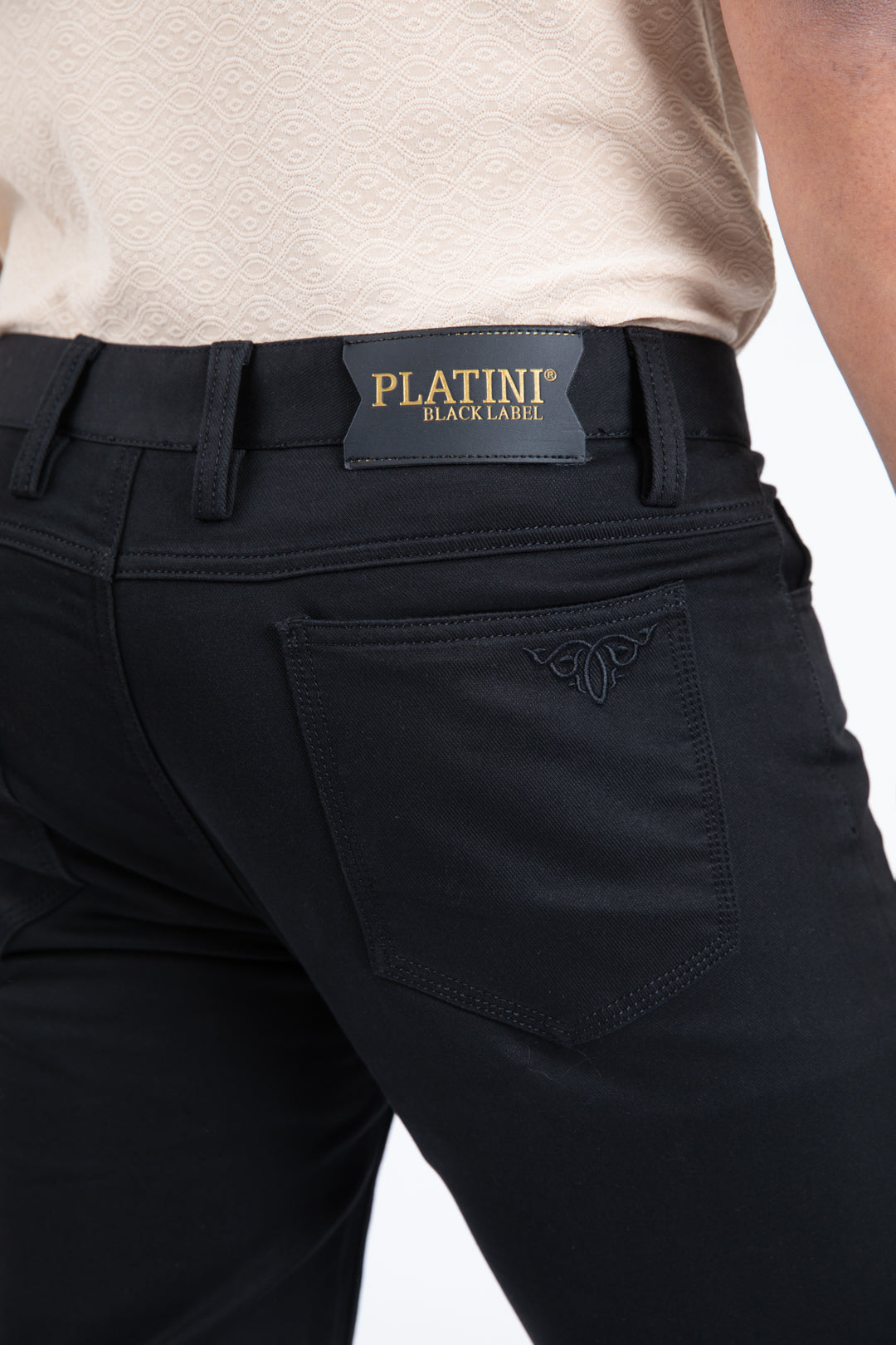 black relaxed fit stretch pant men slade platini detail
