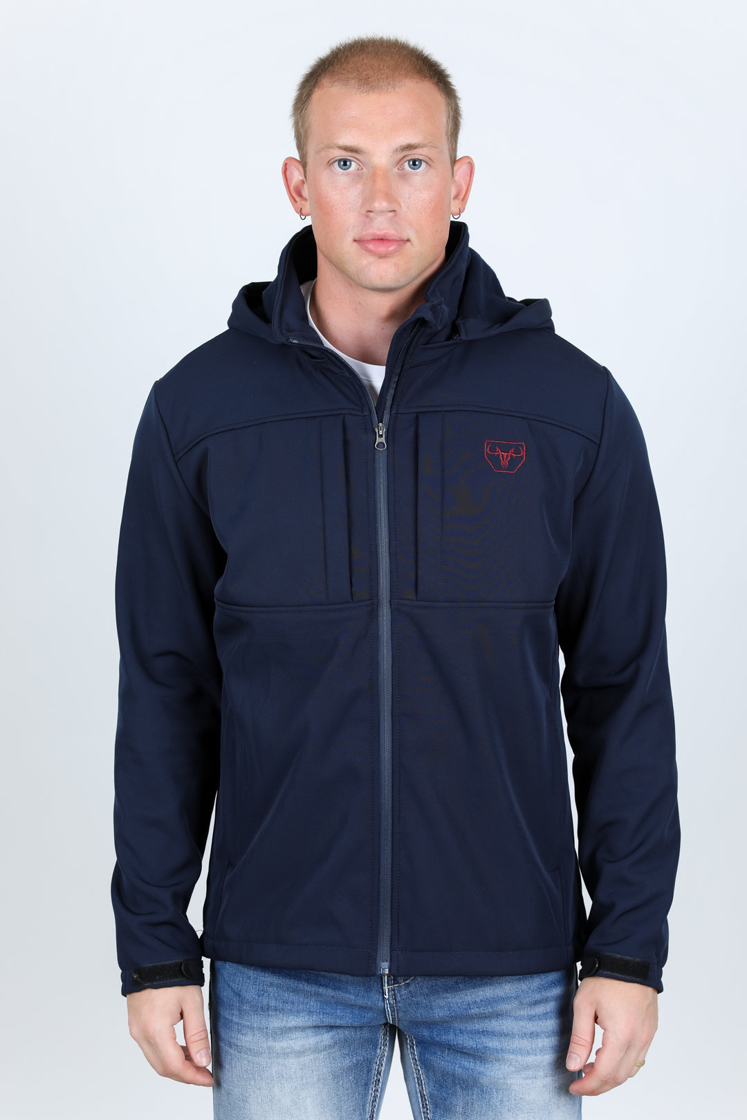 navy hooded softshell jacket front platini