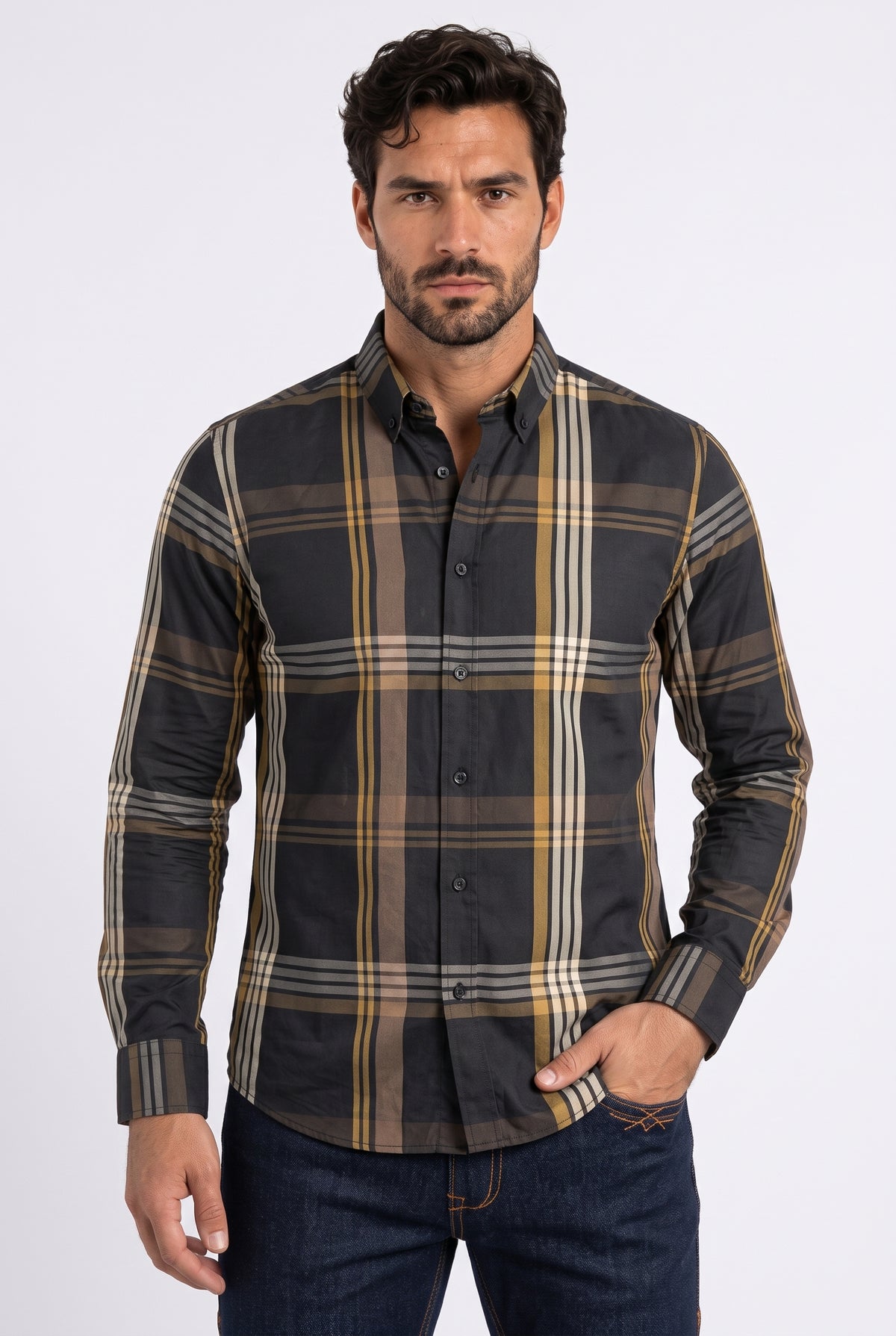 black tartan print long sleeve shirt men platini front