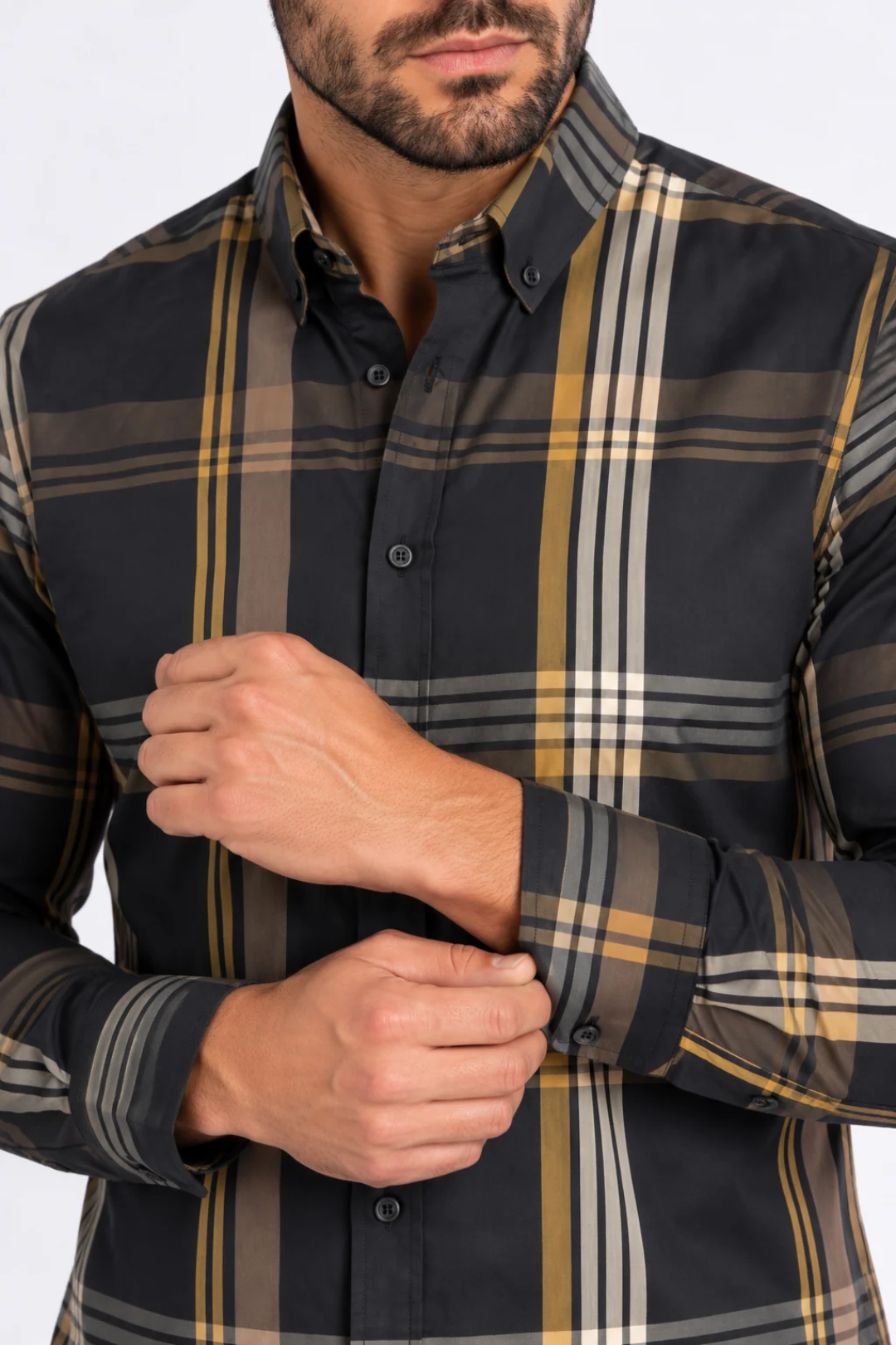 black tartan print long sleeve shirt men platini front