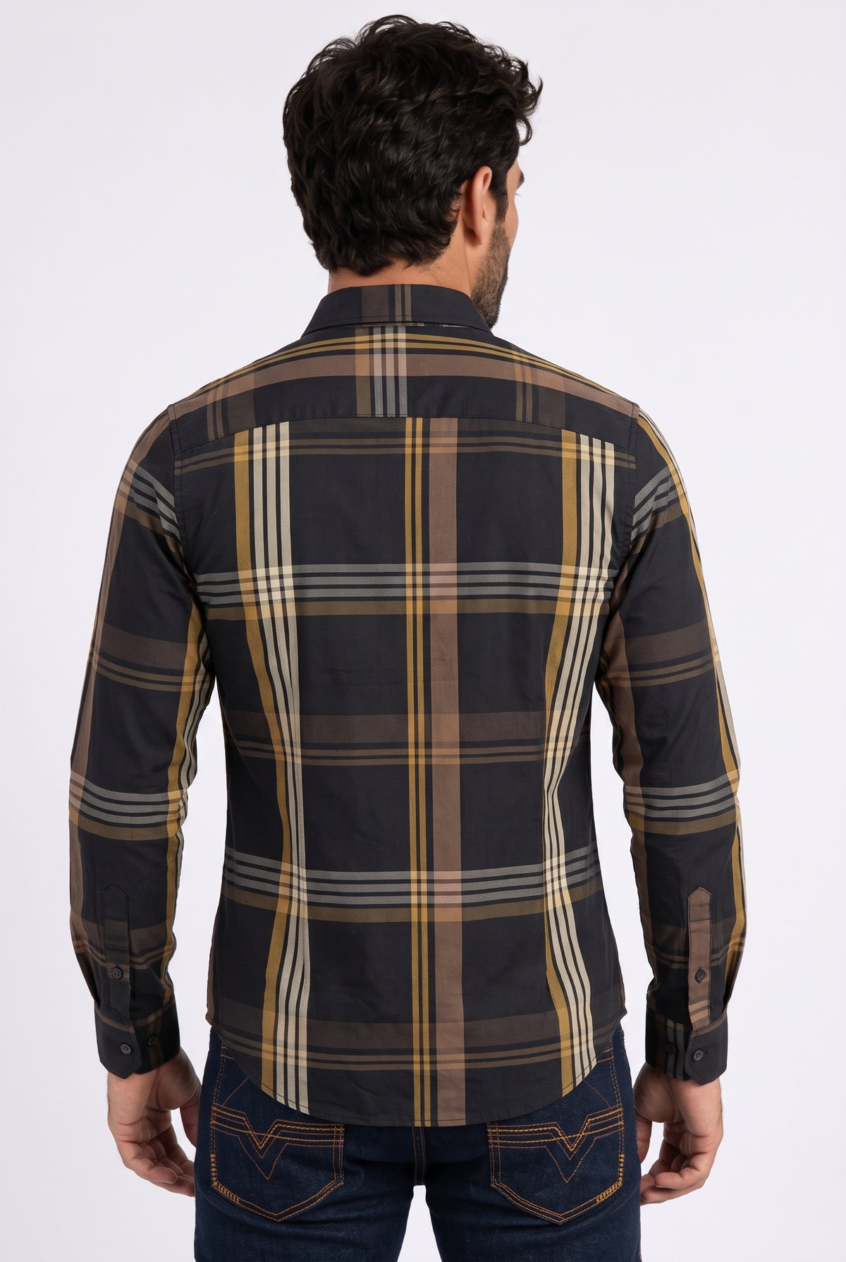 black tartan print long sleeve shirt men platini back