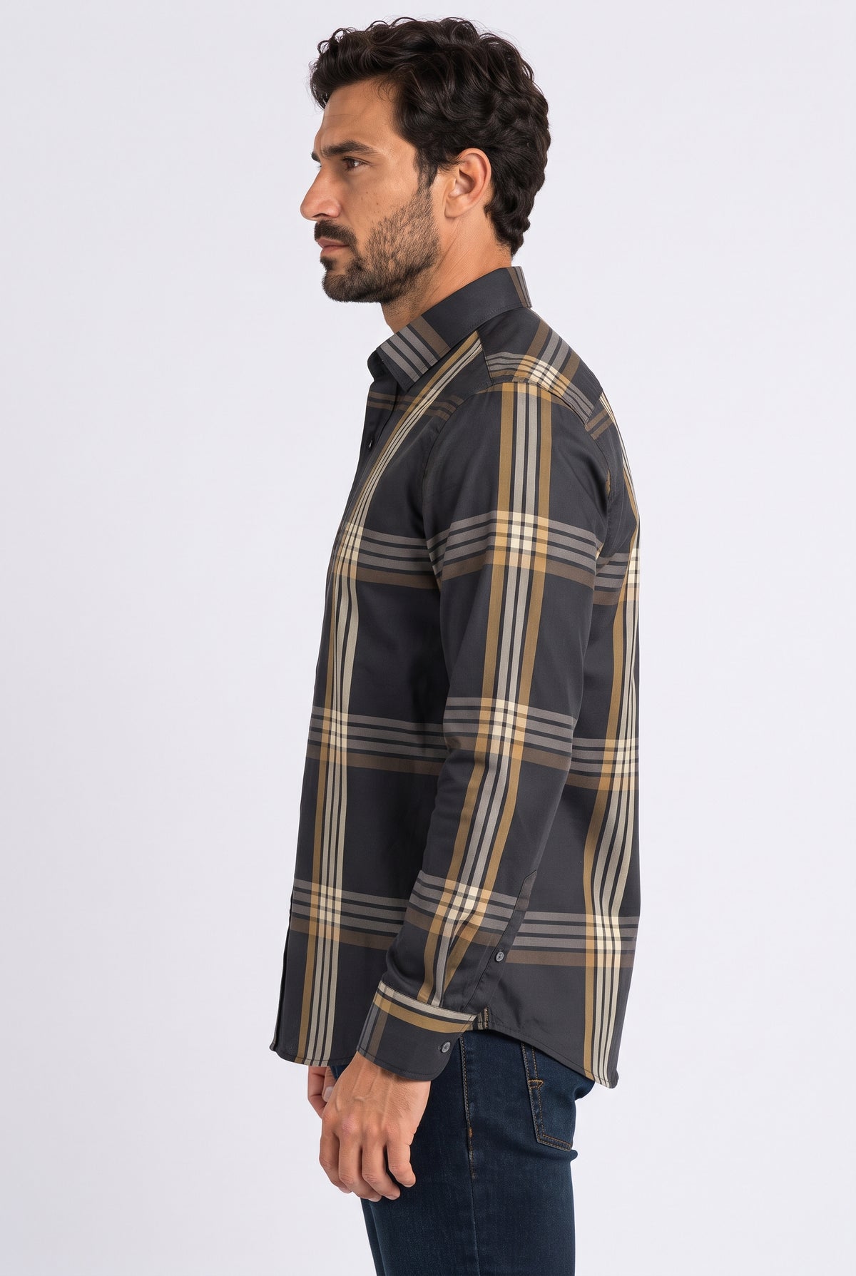 black tartan print long sleeve shirt men platini side