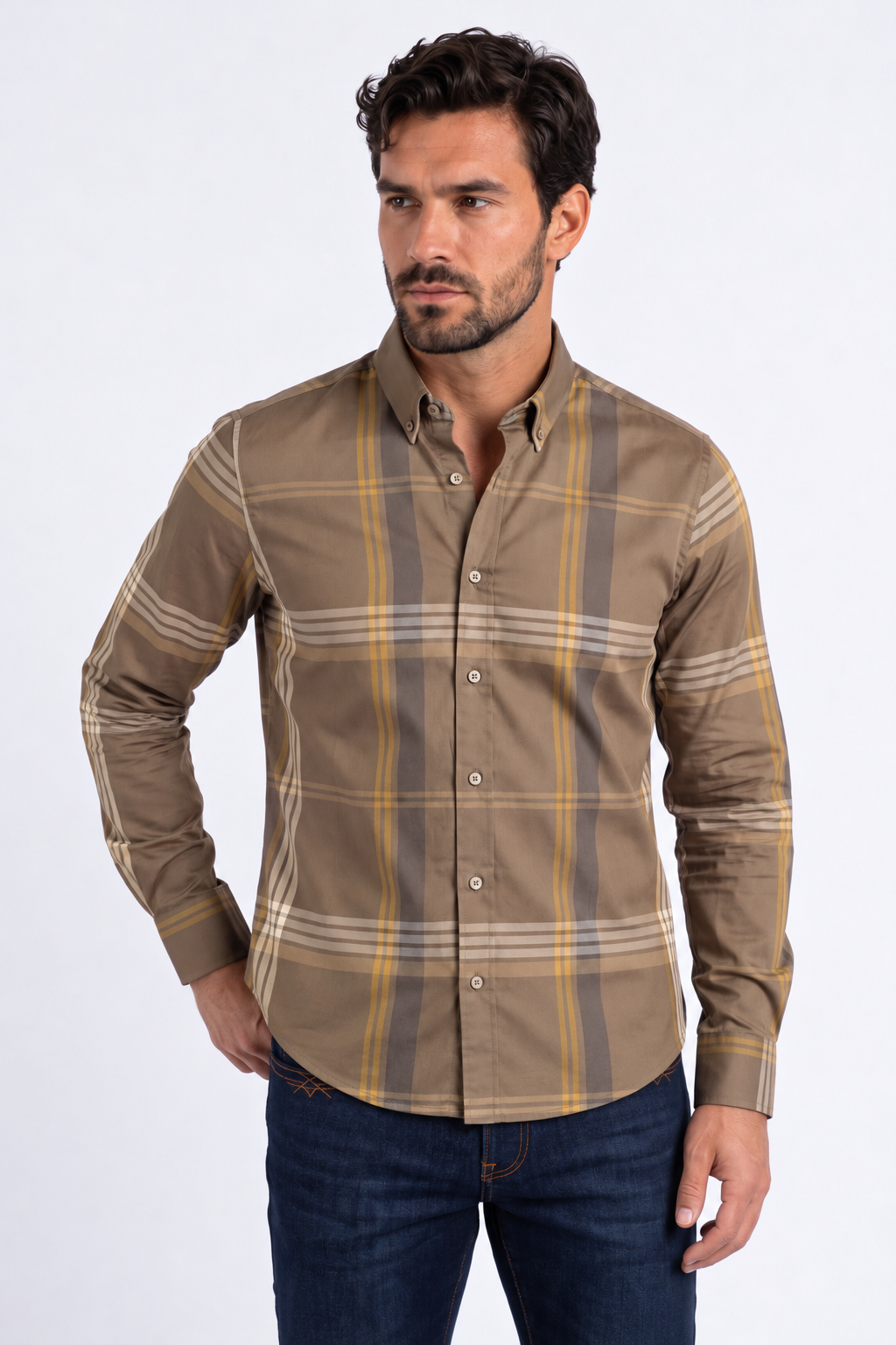 brown tartan print long sleeve shirt men platini front
