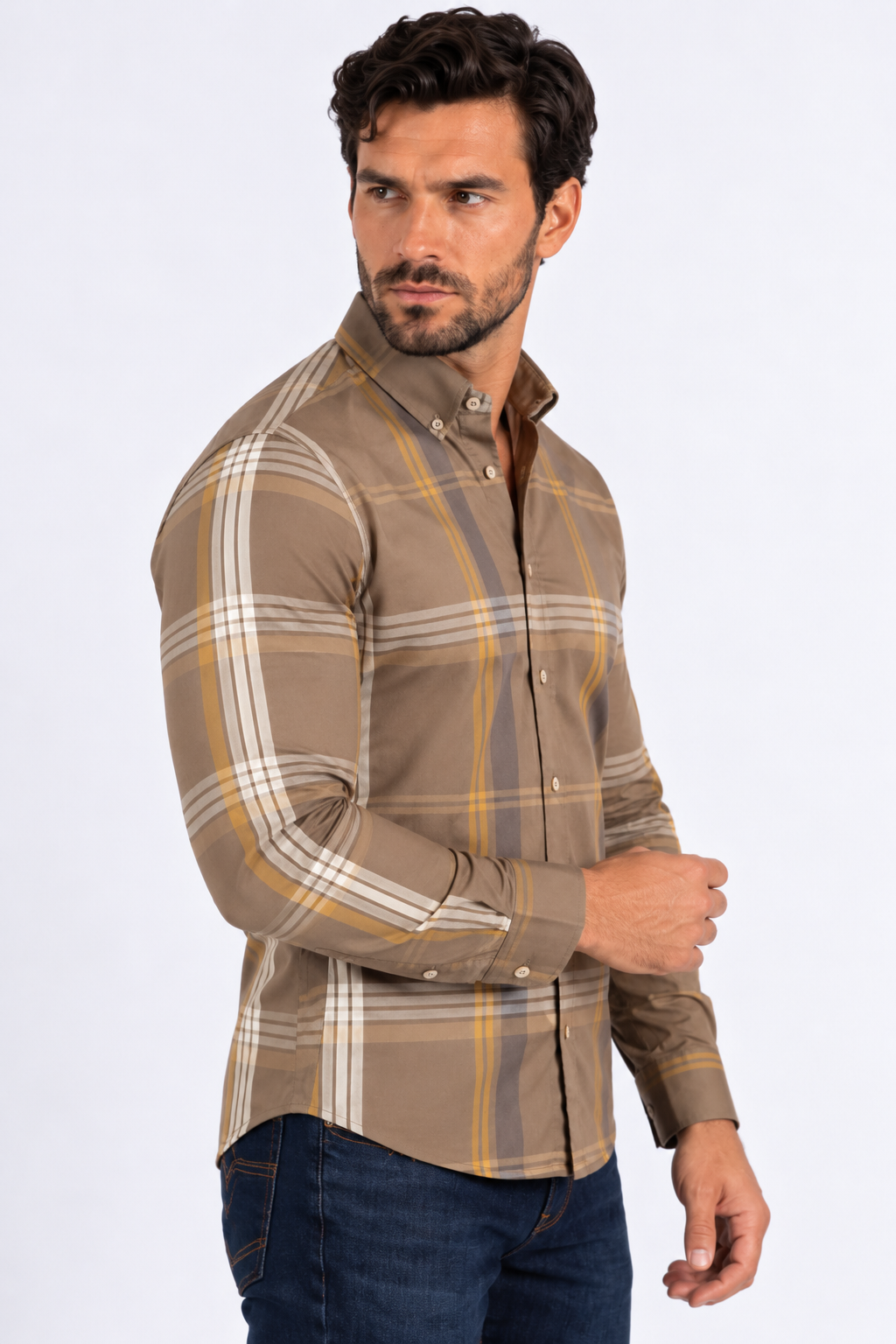 brown tartan print long sleeve shirt men platini side