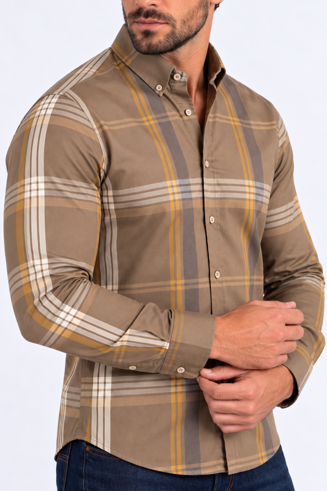 brown tartan print long sleeve shirt men platini detail