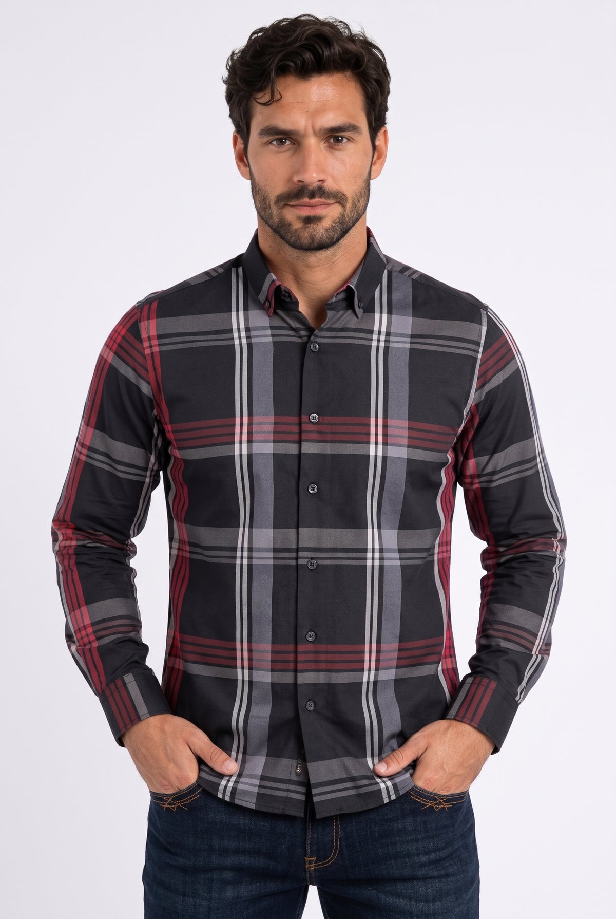jet black tartan print long sleeve shirt men platini front
