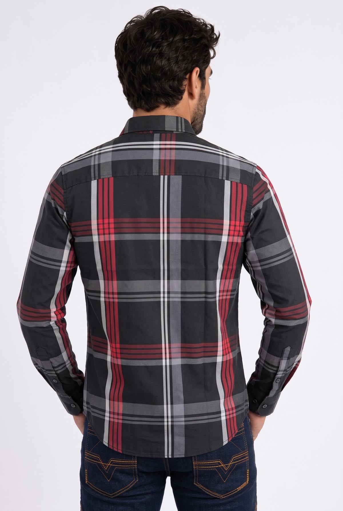 jet black tartan print long sleeve shirt men platini back