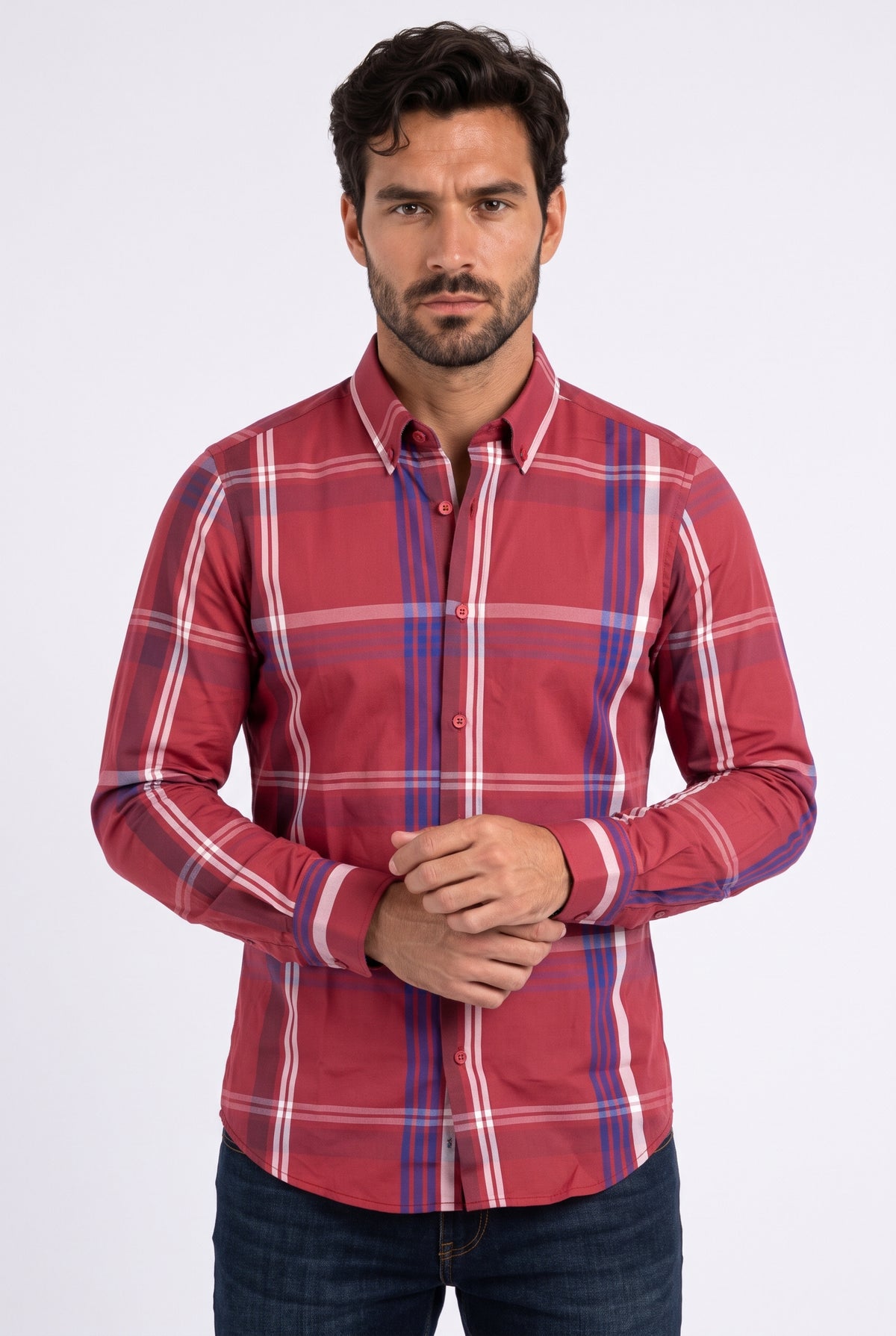 red tartan print long sleeve shirt men platini front