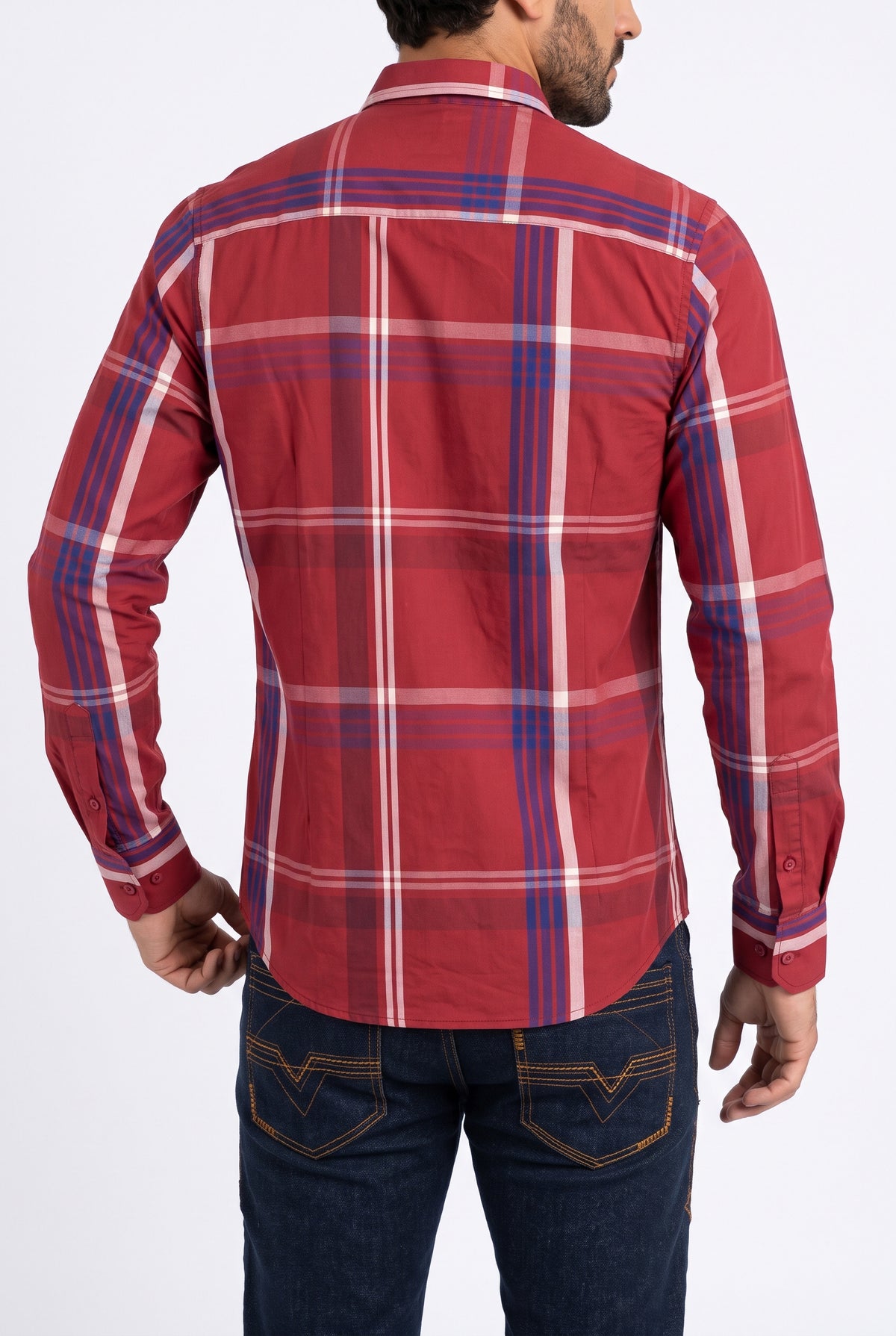 red tartan print long sleeve shirt men platini back