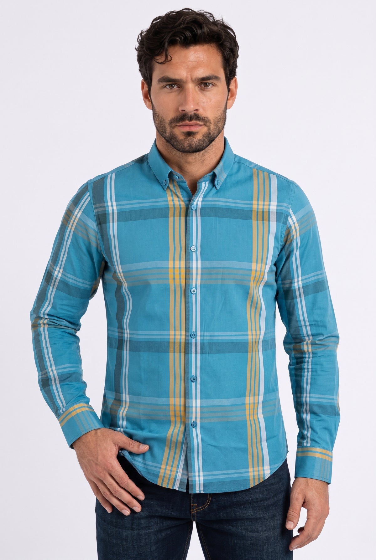 sky blue tartan print long sleeve shirt men platini front
