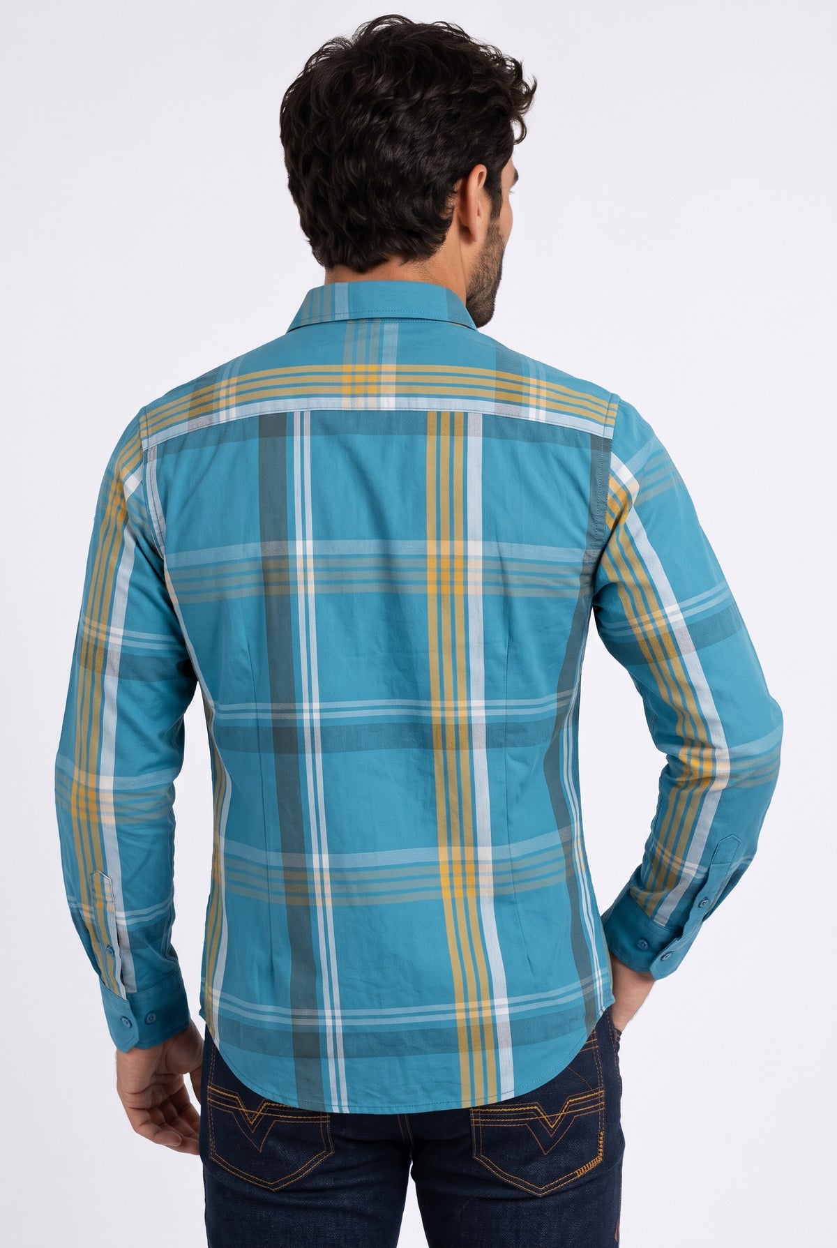 sky blue tartan print long sleeve shirt men platini back
