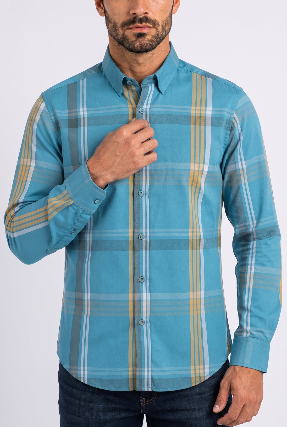 sky blue tartan print long sleeve shirt men platini detail