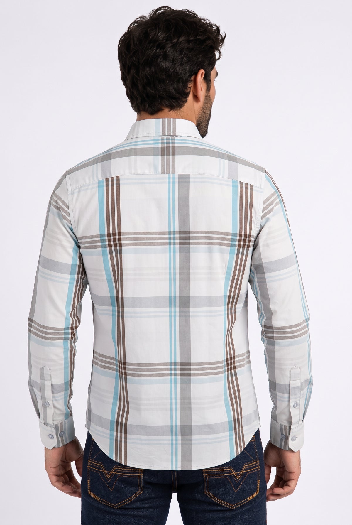 white tartan print long sleeve shirt men platini back