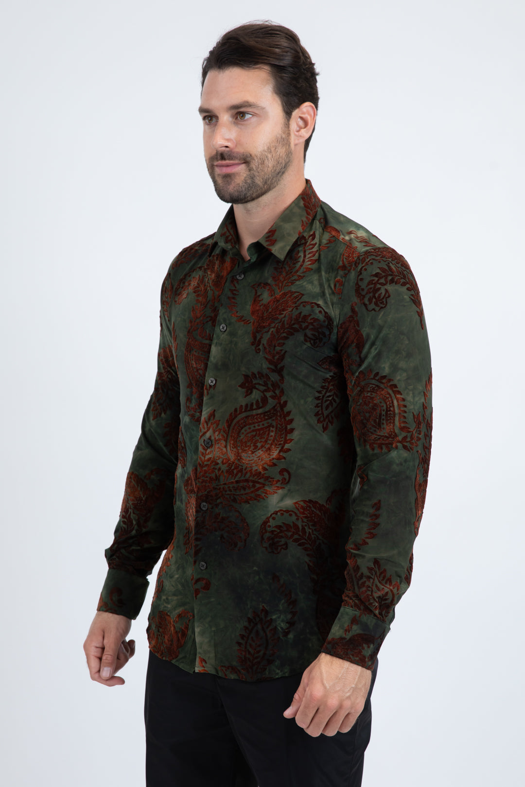Unisex Jacquard Fabric Print Modern Fit Long Sleeve Green Shirt