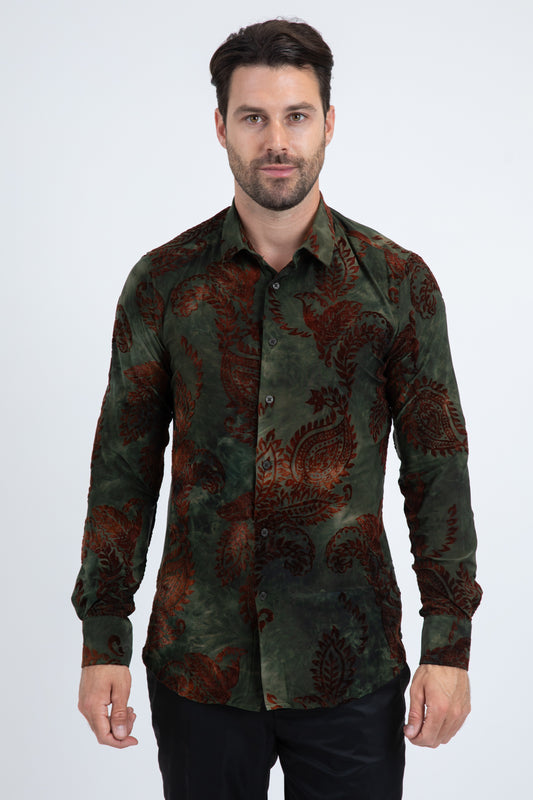 Unisex Jacquard Fabric Print Modern Fit Long Sleeve Green Shirt