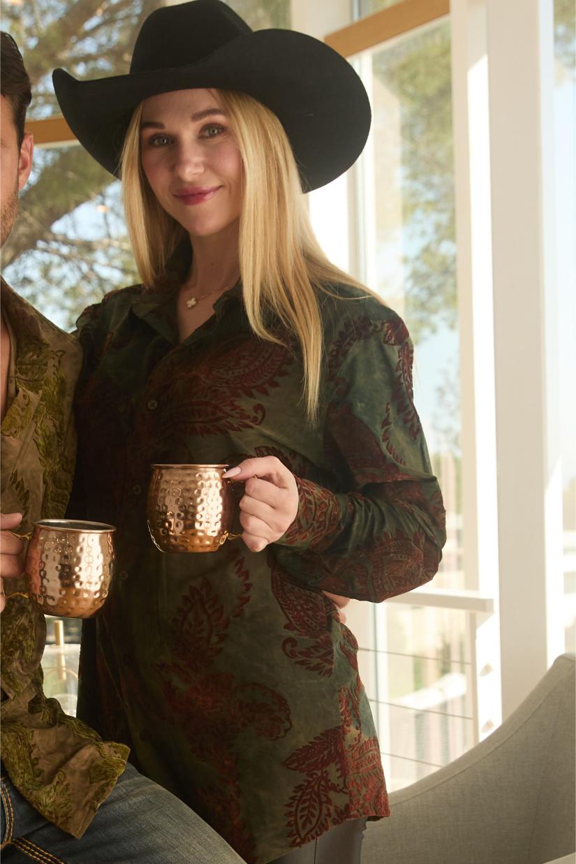 Unisex Jacquard Fabric Print Modern Fit Long Sleeve Green Shirt