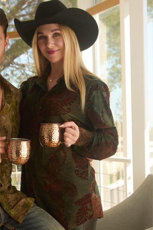 Unisex Jacquard Fabric Print Modern Fit Long Sleeve Green Shirt