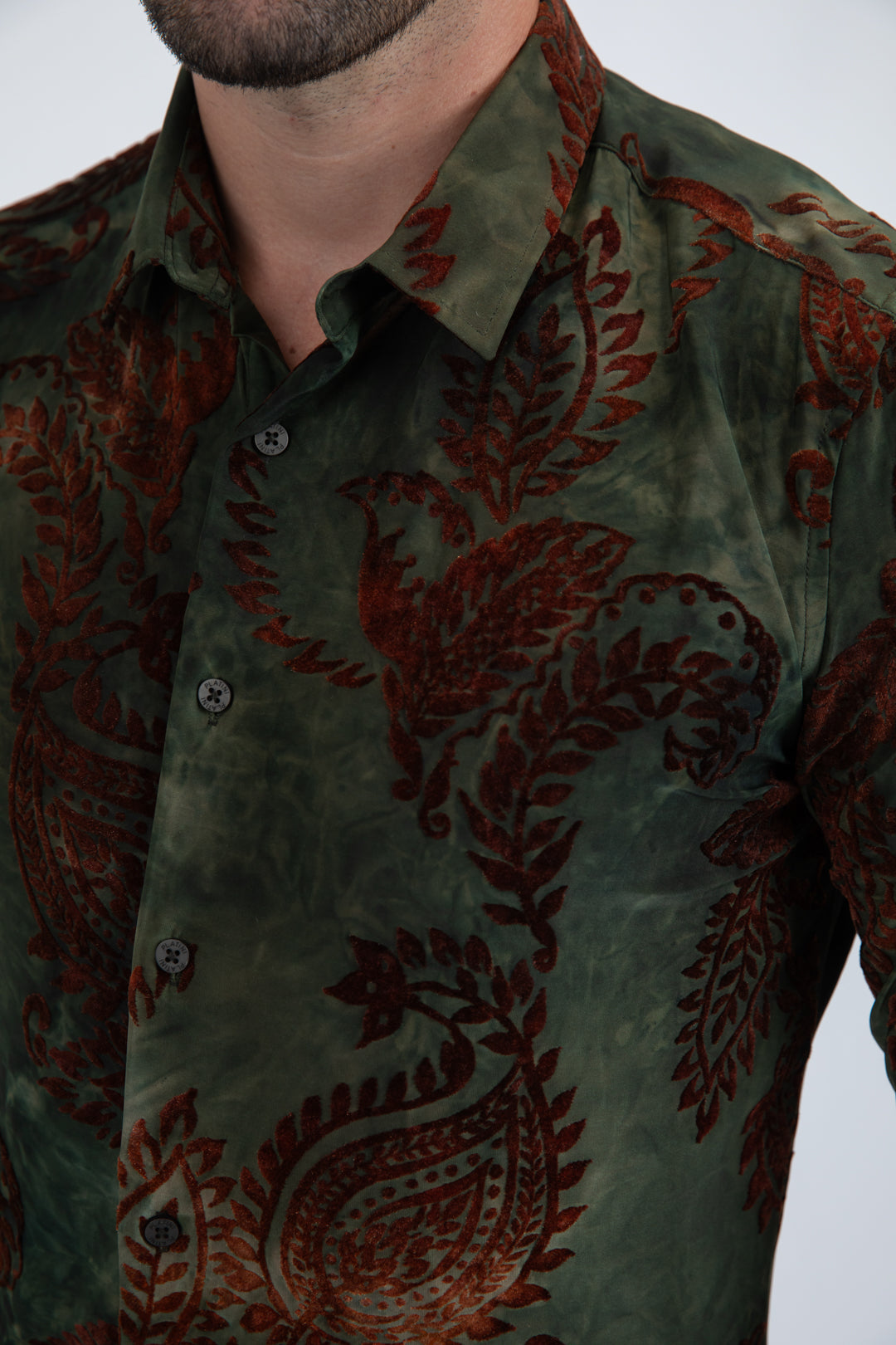 Unisex Jacquard Fabric Print Modern Fit Long Sleeve Green Shirt