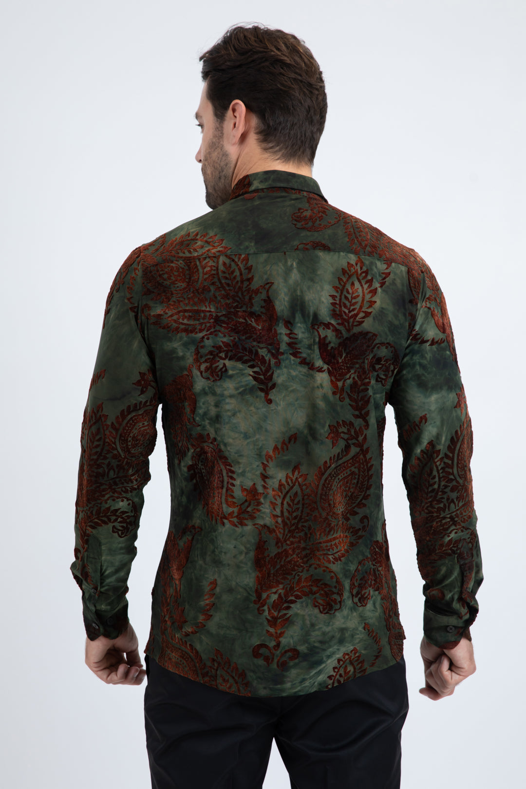 Unisex Jacquard Fabric Print Modern Fit Long Sleeve Green Shirt